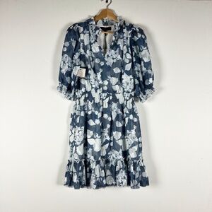 NEW Abbey Glass Bennett Blue White Floral Flower Smocked Chiffon Mini Dress S